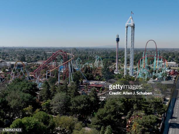Buena Park, CA Aerial view of Knott's Berry Farm in Buena Park Thursday, Nov. 2, 2023. Two iconic Southern California theme parks, Six Flags Magic...