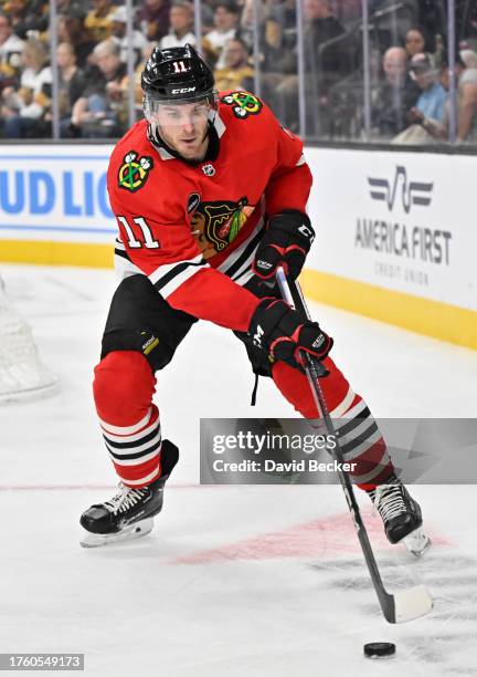 Taylor Raddysh of the Chicago Blackhawks skates during the second period against the Vegas Golden Knights at T-Mobile Arena on October 27, 2023 in...