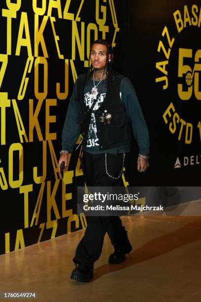 Jordan Clarkson of the Utah Jazz arrives to the arena before the game against the Orlando Magic on November 2, 2023 at Delta Center in Salt Lake...