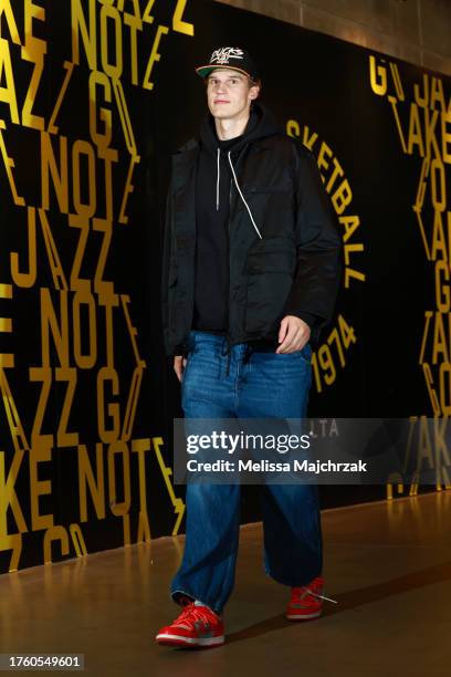 Lauri Markkanen of the Utah Jazz arrives to the arena before the game against the Orlando Magic on November 2, 2023 at Delta Center in Salt Lake...