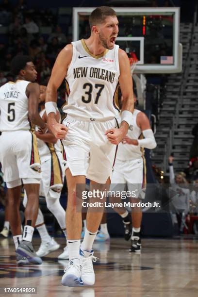 Matt Ryan of the New Orleans Pelicans celebrates during the game against the Detroit Pistons on November 2, 2023 at the Smoothie King Center in New...
