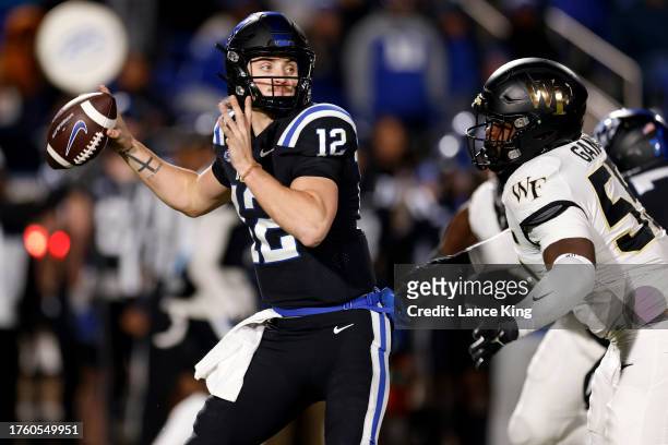 Grayson Loftis of the Duke Blue Devils drops back to pass against the Wake Forest Demon Deacons during the first half of the game at Wallace Wade...