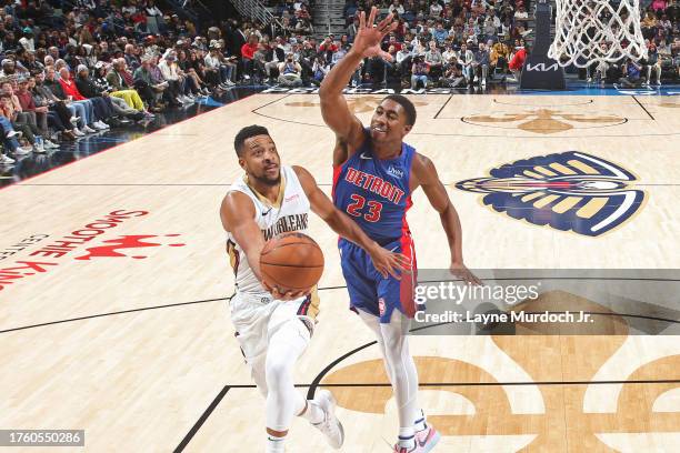 McCollum of the New Orleans Pelicans drives to the basket during the game against the Detroit Pistons on November 2, 2023 at the Smoothie King Center...