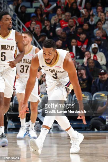 McCollum of the New Orleans Pelicans celebrates three point basket during the game against the Detroit Pistons on November 2, 2023 at the Smoothie...