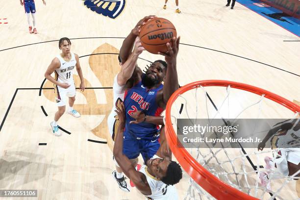 Isaiah Stewart of the Detroit Pistons rebounds against the New Orleans Pelicans on November 2, 2023 at the Smoothie King Center in New Orleans,...