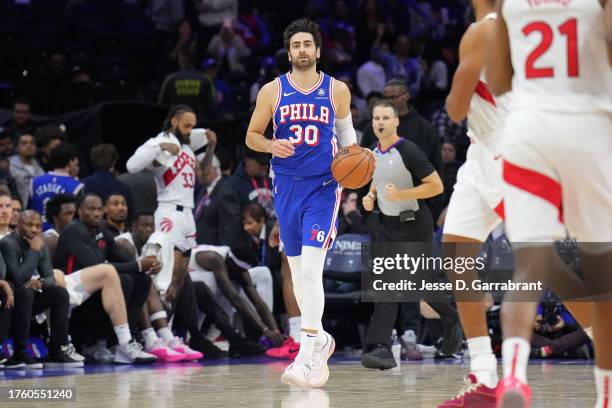 Furkan Korkmaz of the Philadelphia 76ers dribbles the ball during the game against the Toronto Raptors on November 2, 2023 at the Wells Fargo Center...