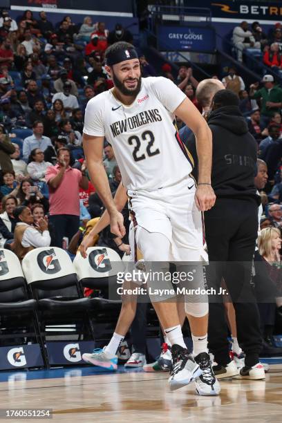 Larry Nance Jr. #22 of the New Orleans Pelicans smiles during the game against the Detroit Pistons on November 2, 2023 at the Smoothie King Center in...