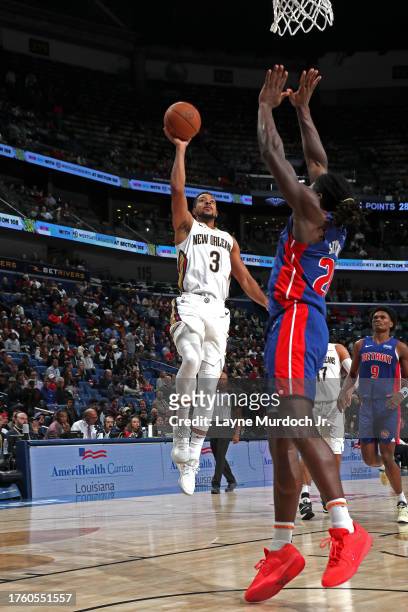 McCollum of the New Orleans Pelicans drives to the basket during the game against the Detroit Pistons on November 2, 2023 at the Smoothie King Center...