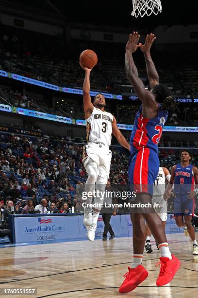 McCollum of the New Orleans Pelicans drives to the basket during the game against the Detroit Pistons on November 2, 2023 at the Smoothie King Center...