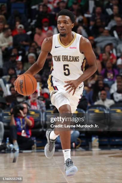 Herb Jones of the New Orleans Pelicans brings the ball up court against the Detroit Pistons on November 2, 2023 at the Smoothie King Center in New...