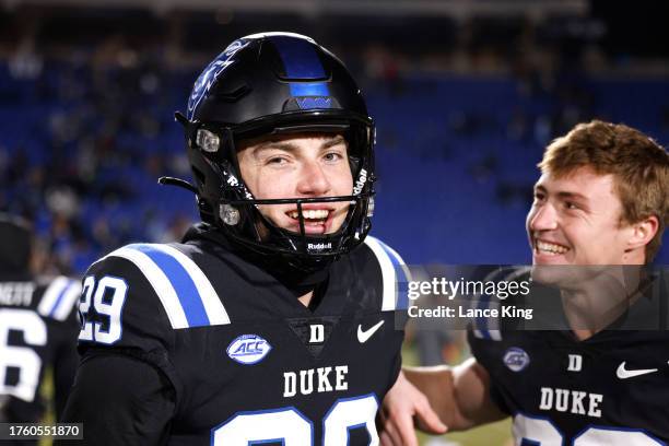 Todd Pelino of the Duke Blue Devils celebrates following his game-winning field goal against the Wake Forest Demon Deacons at Wallace Wade Stadium on...