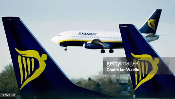 Ryanair jet lands stands at Stansed airport February 4, 2003 in London, United Kingdom. Ryanair, a low-budget airline, announced pre-tax profits of...