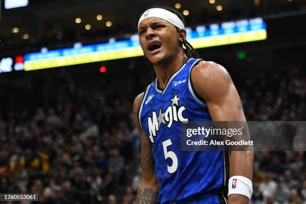 Paolo Banchero of the Orlando Magic reacts to a shot during the second half of a game against the Utah Jazz at Delta Center on November 02, 2023 in...