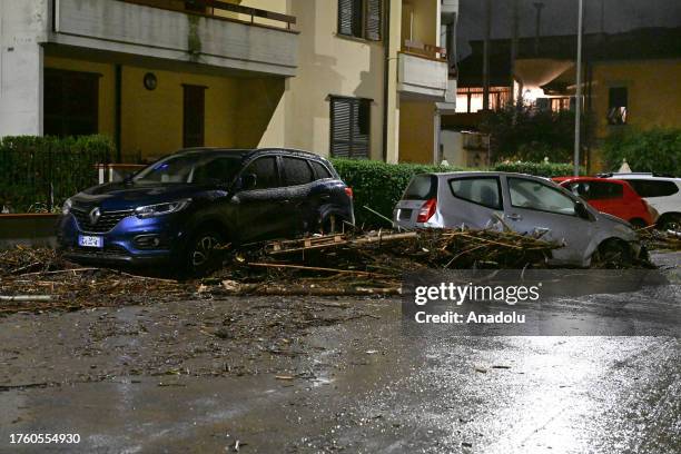 View of the streets after heavy rainfall causes flooding in Florence, Italy on November 02, 2023. Prato and Tuscany are among the affected cities.