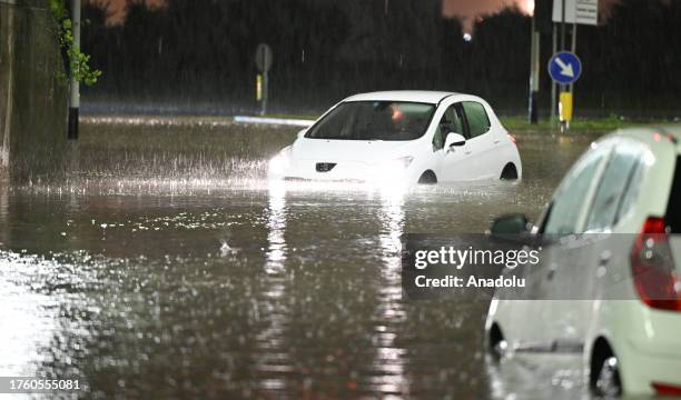 Cars are partially submerged after heavy rainfall causes flooding in Florence, Italy on November 02, 2023. Prato and Tuscany are among the affected...