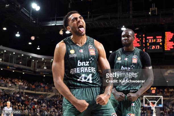 Anthony Lamb of the Breakers reacts during the round six NBL match between New Zealand Breakers and Cairns Taipans at Wolfbrook Arena, on November 3...