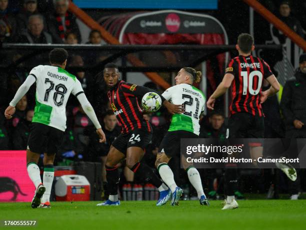 Bournemouth's Antoine Semenyo battles with Liverpool's Harvey Elliott during the Carabao Cup Fourth Round match between AFC Bournemouth and Liverpool...