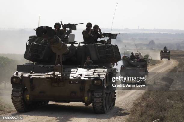 Israeli military vehicles travel near the border with the Gaza Strip on November 3, 2023 in Sderot, Israel. In the fourth week of Israel's response...
