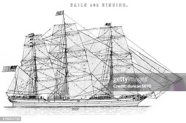 stockillustraties, clipart, cartoons en iconen met sails and rigging of a vintage sailing ship - spinnaker