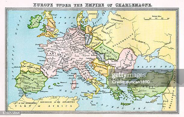 vintage map 9th century europe - empire of charlemagne - charlmange stock illustrations