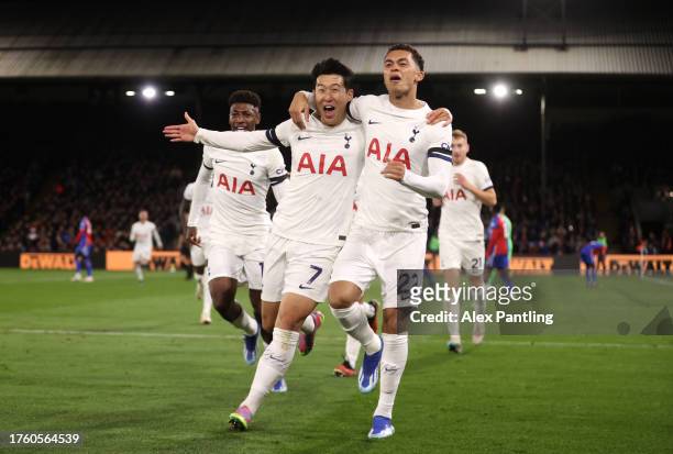 Son Heung-Min of Tottenham Hotspur celebrates scoring his sides second goal with Brennan Johnson during the Premier League match between Crystal...