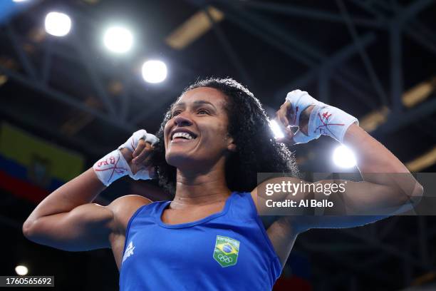 Barbara Maria Dos Santos of Team Brazil celebrates after defeating by 5-0 Morelle Mccane of Team United States on Boxing - Women’s 66kg gold medal...