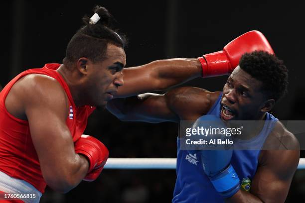 Arlen Lopez Cardona of Team Cuba defeats Wanderley De Souza Pereira of Team Brazil on Boxing - Men’s 80kg gold medal bout at Centro de Entrenamiento...