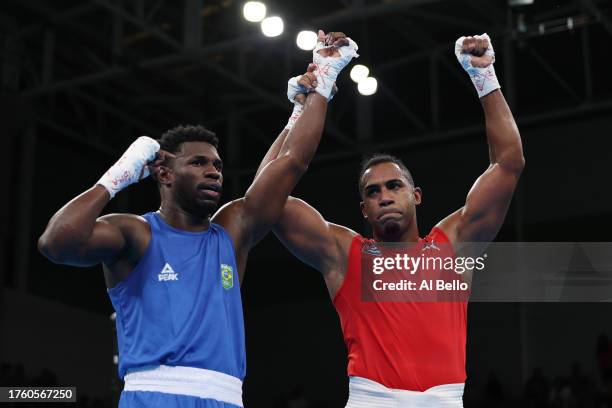 Arlen Lopez Cardona of Team Cuba defeats Wanderley De Souza Pereira of Team Brazil on Boxing - Men’s 80kg gold medal bout at Centro de Entrenamiento...