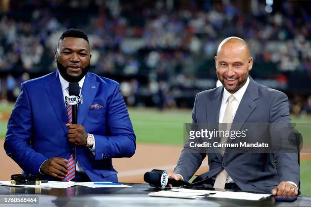 Former member of the Boston Red Sox David Oritz and former member of the New York Yankees Derek Jeter commentate prior to Game One of the World...