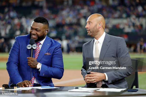 Former member of the Boston Red Sox David Oritz and former member of the New York Yankees Derek Jeter commentate prior to Game One of the World...