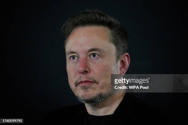 Tesla and SpaceX's CEO Elon Musk during an in-conversation event with British Prime Minister Rishi Sunak at Lancaster House on November 2, 2023 in...
