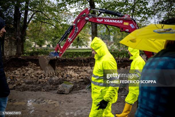 Wall collapsed in Montemurlo, near Prato, after heavy rain last night, on November 3, 2023. Storm Ciaran hit Tuscany late on November 2, 2023 causing...