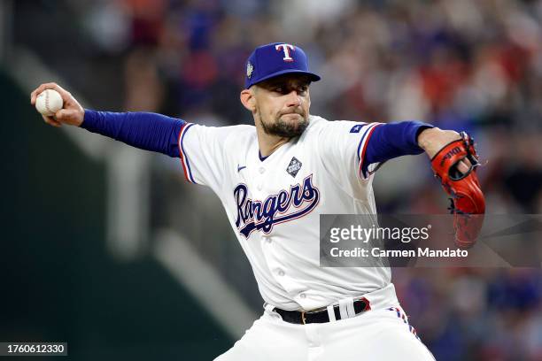Nathan Eovaldi of the Texas Rangers pitches in the first inning against the Arizona Diamondbacks during Game One of the World Series at Globe Life...