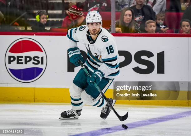 Filip Zadina of the San Jose Sharks skates during the second period against the Carolina Hurricanes at PNC Arena on October 27, 2023 in Raleigh,...