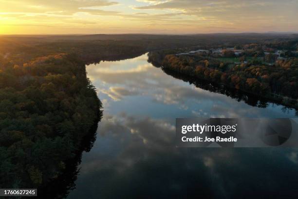 An aerial view of the Androscoggin River on October 27, 2023 in Lisbon, Maine. Police continue to search the area for Army reservist Robert Card, who...