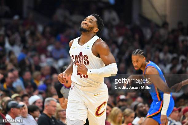 Donovan Mitchell of the Cleveland Cavaliers reacts during the second quarter against the Oklahoma City Thunder at Rocket Mortgage Fieldhouse on...