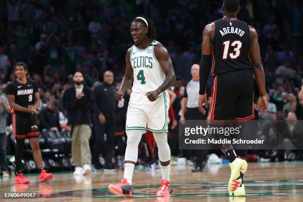 Jrue Holiday of the Boston Celtics celebrates a basket over the Miami Heat during the second quarter at TD Garden on October 27, 2023 in Boston,...
