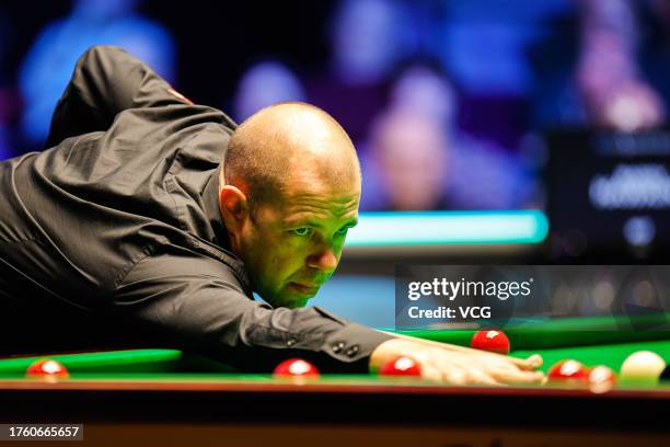 Barry Hawkins of England plays a shot in the quarter-final match against David Gilbert of England on day six of 2023 Northern Ireland Open at...