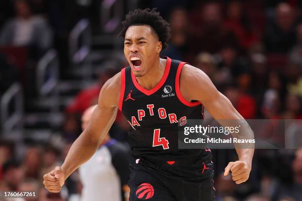 Scottie Barnes of the Toronto Raptors reacts against the Chicago Bulls during the first half at the United Center on October 27, 2023 in Chicago,...