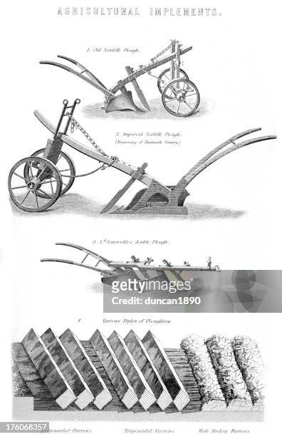 engraving of old ploughs - agricultural machinery - ancient plow stock illustrations