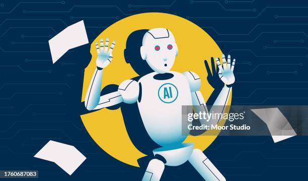 bildbanksillustrationer, clip art samt tecknat material och ikoner med robot caught in a flashlight vector illustration - robot
