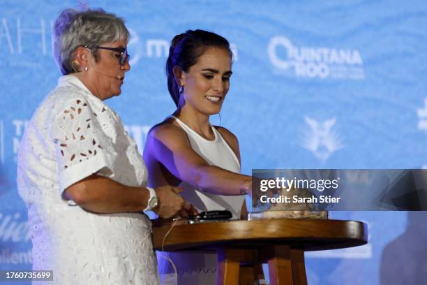 Kerrilyn Cramer and former tennis player Monica Puig are seen during the draw ceremony at the Kempinski Hotel Cancun for the GNP Seguros WTA Finals...