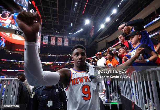 Barrett of the New York Knicks reacts after their 126-120 win over the Atlanta Hawks at State Farm Arena on October 27, 2023 in Atlanta, Georgia....