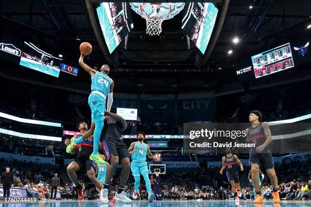 Brandon Miller of the Charlotte Hornets dunks the ball during the second half of a basketball game against the Detroit Pistons at Spectrum Center on...
