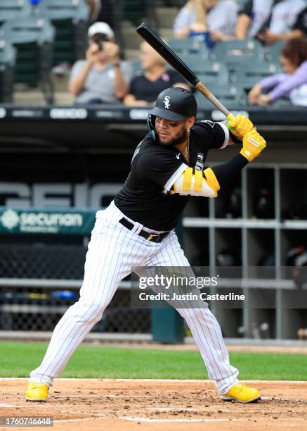 Yoan Moncada of the Chicago White Sox at bat in the game against the Arizona Diamondbacks at Guaranteed Rate Field on September 28, 2023 in Chicago,...