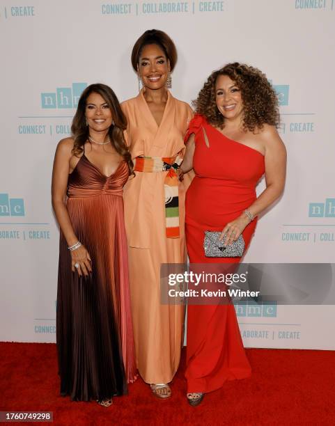 Lisa Vidal, Gina Torres and Diana Maria Riva attend the National Hispanic Media Coalition's 2023 Impact Awards Gala at Vibiana on October 27, 2023 in...