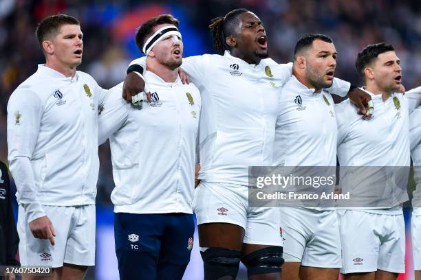 Owen Farrell, Tom Curry, Maro Itoje and Ellis Genge of England sing their national anthem prior to the Rugby World Cup France 2023 Bronze Final match...