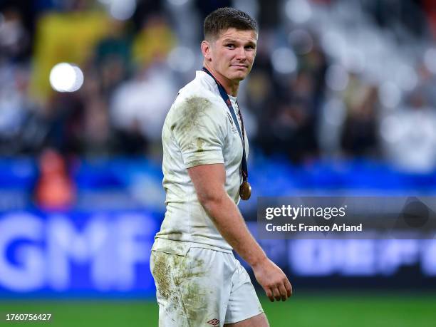 Owen Farrell of England looks on following the Rugby World Cup France 2023 Bronze Final match between Argentina and England at Stade de France on...