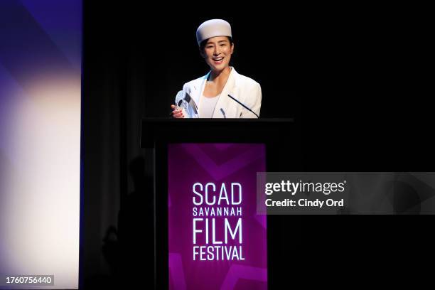 Greta Lee speaks onstage at the Spotlight Award Presentation during the 26th SCAD Savannah Film Festival at Lucas Theatre for the Arts on October 27,...