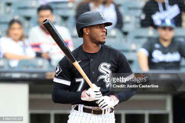 Tim Anderson of the Chicago White Sox at bat in the game against the Arizona Diamondbacks at Guaranteed Rate Field on September 28, 2023 in Chicago,...